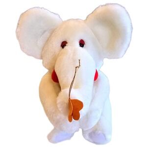 Vtg 90s Play By Play White Elephant Plush 10" Red Heart Good Luck Trunk Up VGC